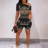 Fashion Print Slit Tops And Shorts Two Piece Set  SHD-9427