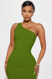 Solid Color Slash Shoulder Midi Dress YD-8741