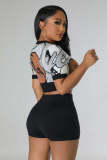Print Lapel Neck Crop Tops And Shorts Sweater Suit OSM-4397