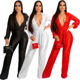 Sexy V-neck Lace Up Wide Leg Jumpsuit GFDY-1195