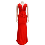 Solid Color V Neck Pleated Maxi Dress BY-6357