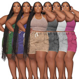 Plus Size Solid Vest And Shorts Two Piece Set NNWF-7855