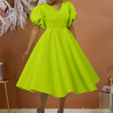 Plus Size Fashion V-neck Bubble Sleeve Dress GATE-D362