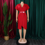 Plus Size Fashion V-neck Sexy Midi Dress With Belt GATE-D366