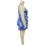 Plus Size Sling Print V Neck Tie Up Romper NNWF-7850