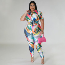 Plus Size Fashion Print Short Sleeve Pants Two Piece Set NNWF-7861
