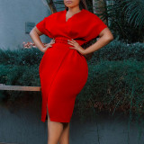 Plus Size Fashion V-neck Sexy Midi Dress With Belt GATE-D366