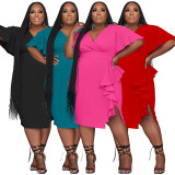 Plus Size Solid Color V Neck Ruffle Midi Dress NNWF-7870