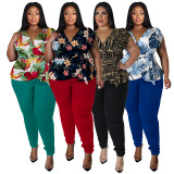 Plus Size Casual Print V Neck Tops And Pants Two Piece Set NNWF-7849