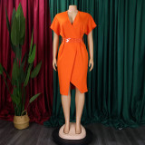Plus Size Fashion V-neck Sexy Midi Dress With Belt GATE-D366