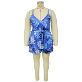 Plus Size Sling Print V Neck Tie Up Romper NNWF-7850