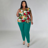 Plus Size Casual Print V Neck Tops And Pants Two Piece Set NNWF-7849