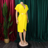 Plus Size Fashion V-neck Sexy Midi Dress With Belt GATE-D366