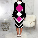 Color Block Print Long Sleeve Midi Dress SMR-11968
