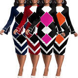 Color Block Print Long Sleeve Midi Dress SMR-11968