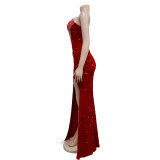 Solid Hot Drill Sequin Slit Maxi Dress BY-6365