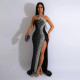 Solid Hot Drill Sequin Slit Maxi Dress BY-6365