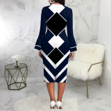 Color Block Print Long Sleeve Midi Dress SMR-11968
