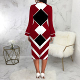 Color Block Print Long Sleeve Midi Dress SMR-11968