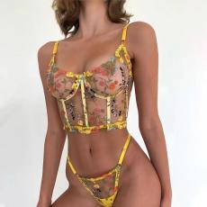 Colourful Floral Mesh See-through Sexy Erotic Lingerie Two Piece Set GAXL-A6