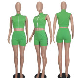 Solid Zipper Crop Tops And Shorts Two Piece Set YD-8746