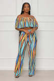 Fashion Print One Shoulder Tops Two Piece Pants Set WSM-5344