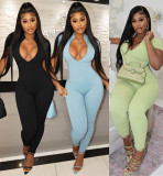 Solid Color Zipper Short Sleeve Jumpsuit XHSY-19578