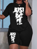 Plus Size Fashion Print O Neck Two Piece Shorts Set HGL-2031