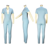 Solid Color Zipper Short Sleeve Jumpsuit XHSY-19578