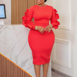 Plus Size Fashion Elegant Long Sleeve Midi Dress GATE-D377