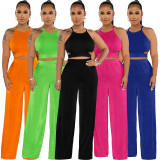 Solid Halter Cross Tie Up Tops And Wide Leg Pants 2 Piece Set XMY-9428