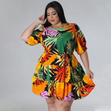 Plus Size Print Lantern Sleeve Midi Dress NNWF-7862