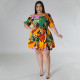 Plus Size Print Lantern Sleeve Midi Dress NNWF-7862
