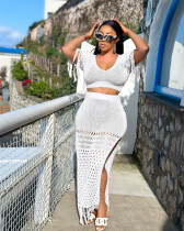 Sexy Knits Solid Tassel Slit Two Piece Skirts Set JPF-1086