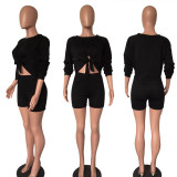 Solid Color Tie Up Crop Tops And Shorts Two Piece Set XMY-9427