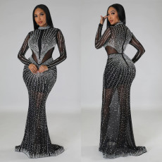 Hot Drill Long Sleeve Mesh Maxi Dress BY-6369