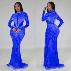 Hot Drill Long Sleeve Mesh Maxi Dress BY-6369