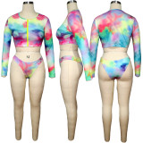 Tie Dye Print Long Sleeve Two Piece Swimsuit TE-4629