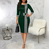 Houndstooth Print Patchwork Solid Midi Dress SMR-11923