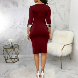Houndstooth Print Patchwork Solid Midi Dress SMR-11923
