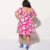 Plus Size Print V Neck Midi Dress NNWF-7879