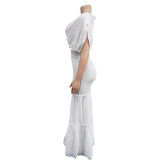 Solid Pleated Deep V Neck Maxi Dress BY-6363