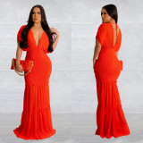 Solid Pleated Deep V Neck Maxi Dress BY-6363