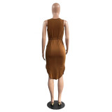 Solid Color V Neck Sleeveless Ruffle Midi Dress HGL-2040