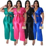 Plus Size Solid Color Tie Up And Wide Leg Pants Two Piece Set NNWF-7888
