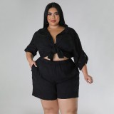 Plus Size Solid 3/4 Sleeve Chiffon Top Two Piece Shorts Set NNWF-7883