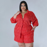 Plus Size Solid 3/4 Sleeve Chiffon Top Two Piece Shorts Set NNWF-7883