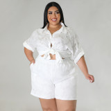 Plus Size Solid 3/4 Sleeve Chiffon Top Two Piece Shorts Set NNWF-7883