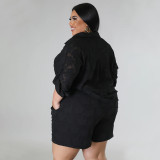 Plus Size Solid 3/4 Sleeve Chiffon Top Two Piece Shorts Set NNWF-7883