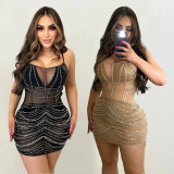 Solid Color Sling Mesh Hot Drill Mini Dress BY-6382